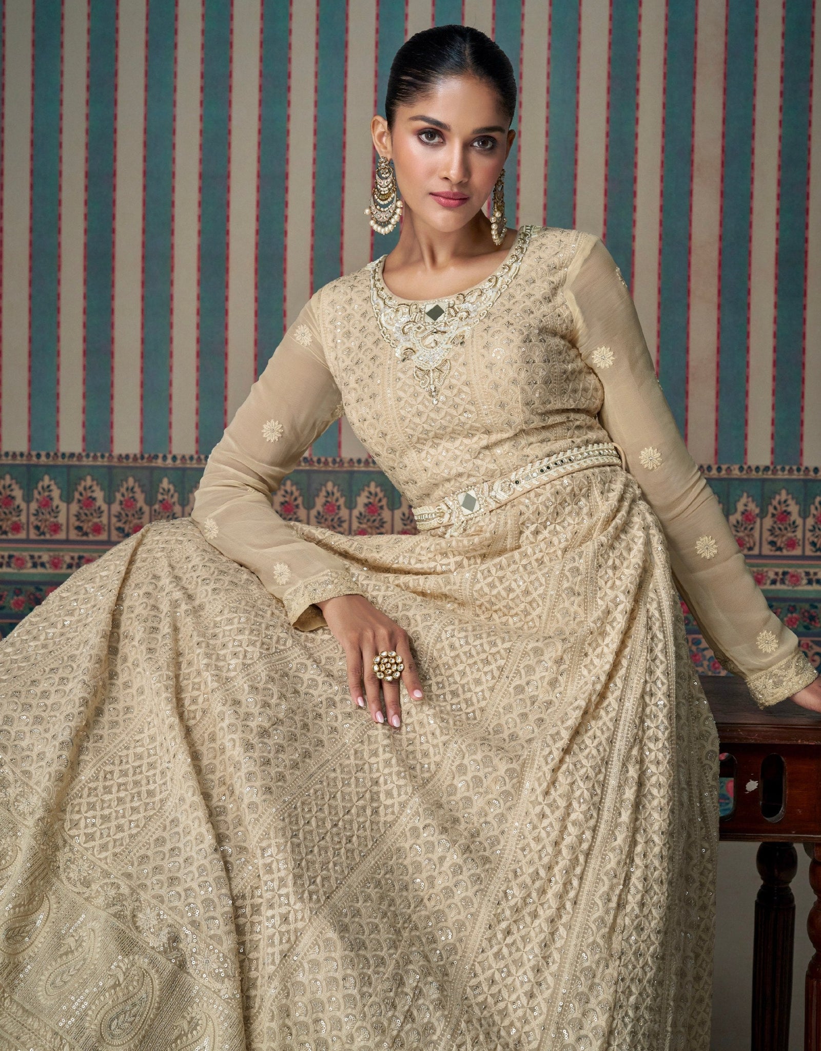 Cream Embroidered Gown with Lace Dupatta ClothsVilla
