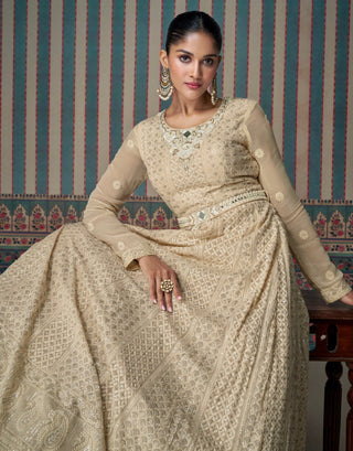 Cream Embroidered Gown with Lace Dupatta ClothsVilla