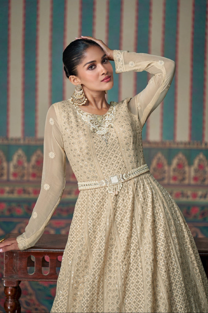 Cream Embroidered Gown with Lace Dupatta ClothsVilla