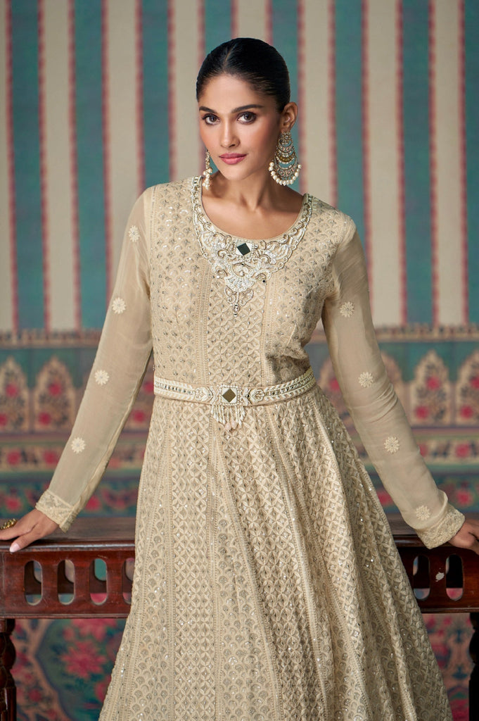 Cream Embroidered Gown with Lace Dupatta ClothsVilla