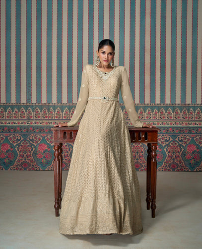 Cream Embroidered Gown with Lace Dupatta ClothsVilla