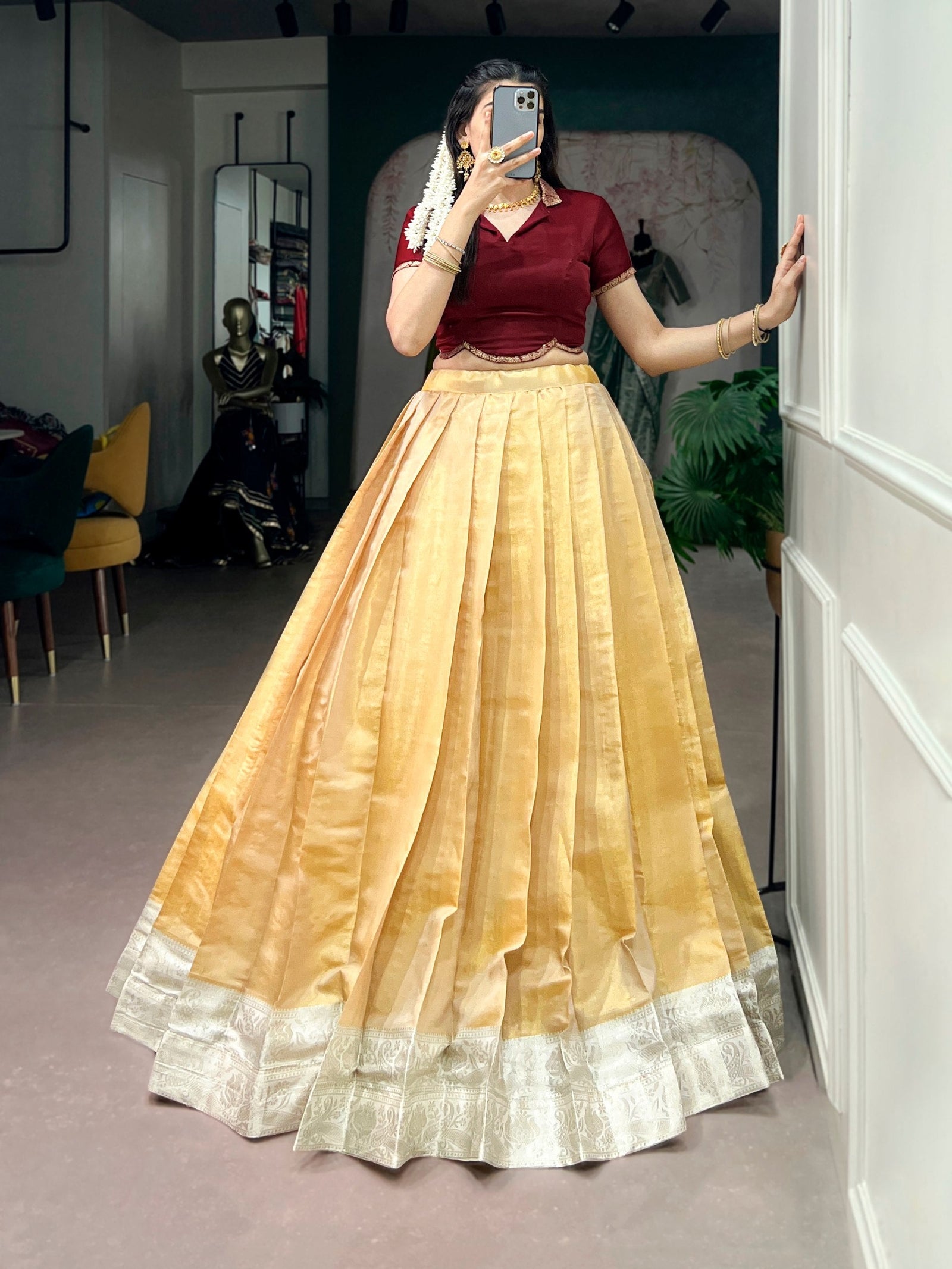 Cream Ethnic Kanchipuram Lehenga Set ClothsVilla