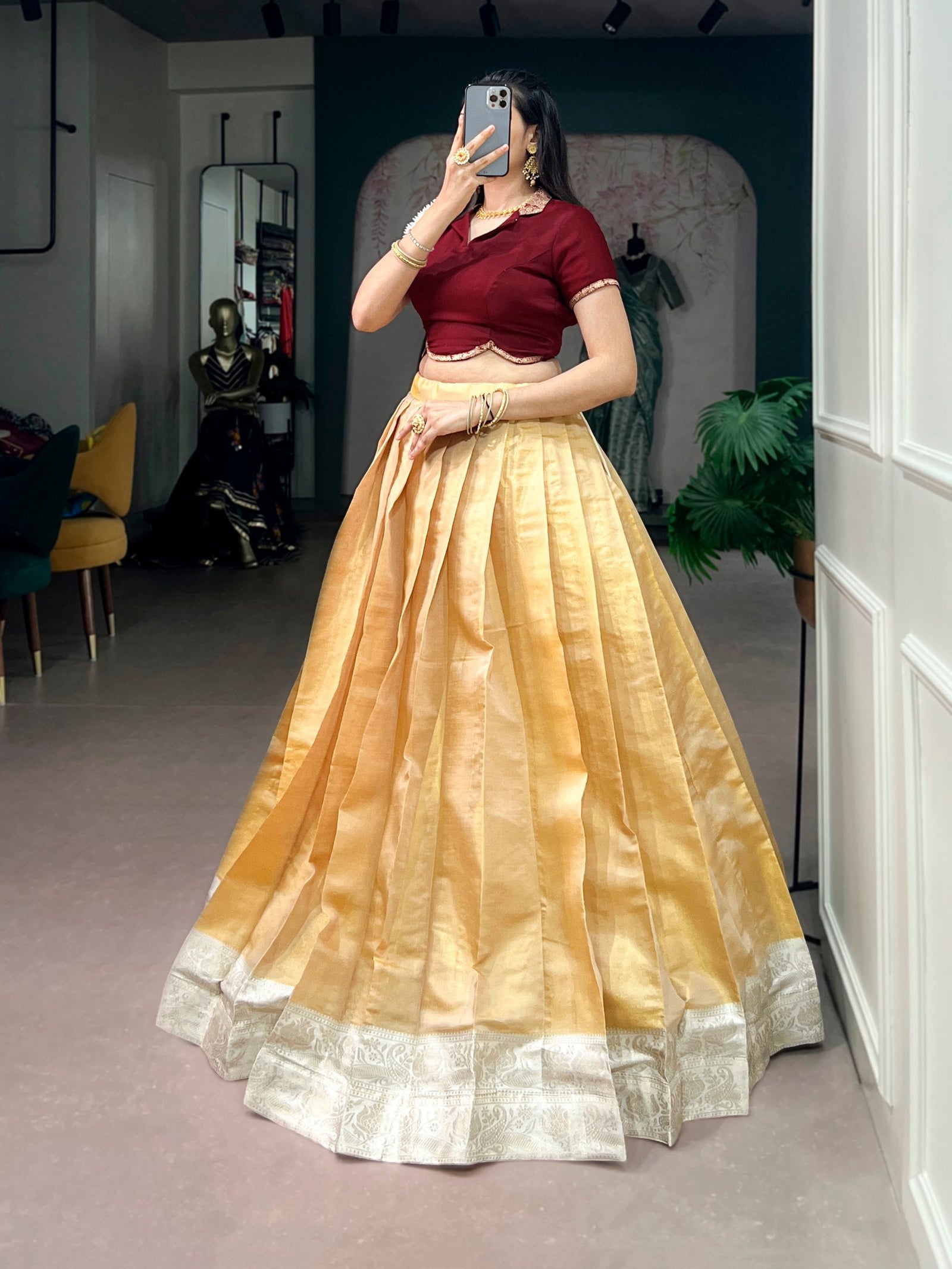Cream Ethnic Kanchipuram Lehenga Set ClothsVilla