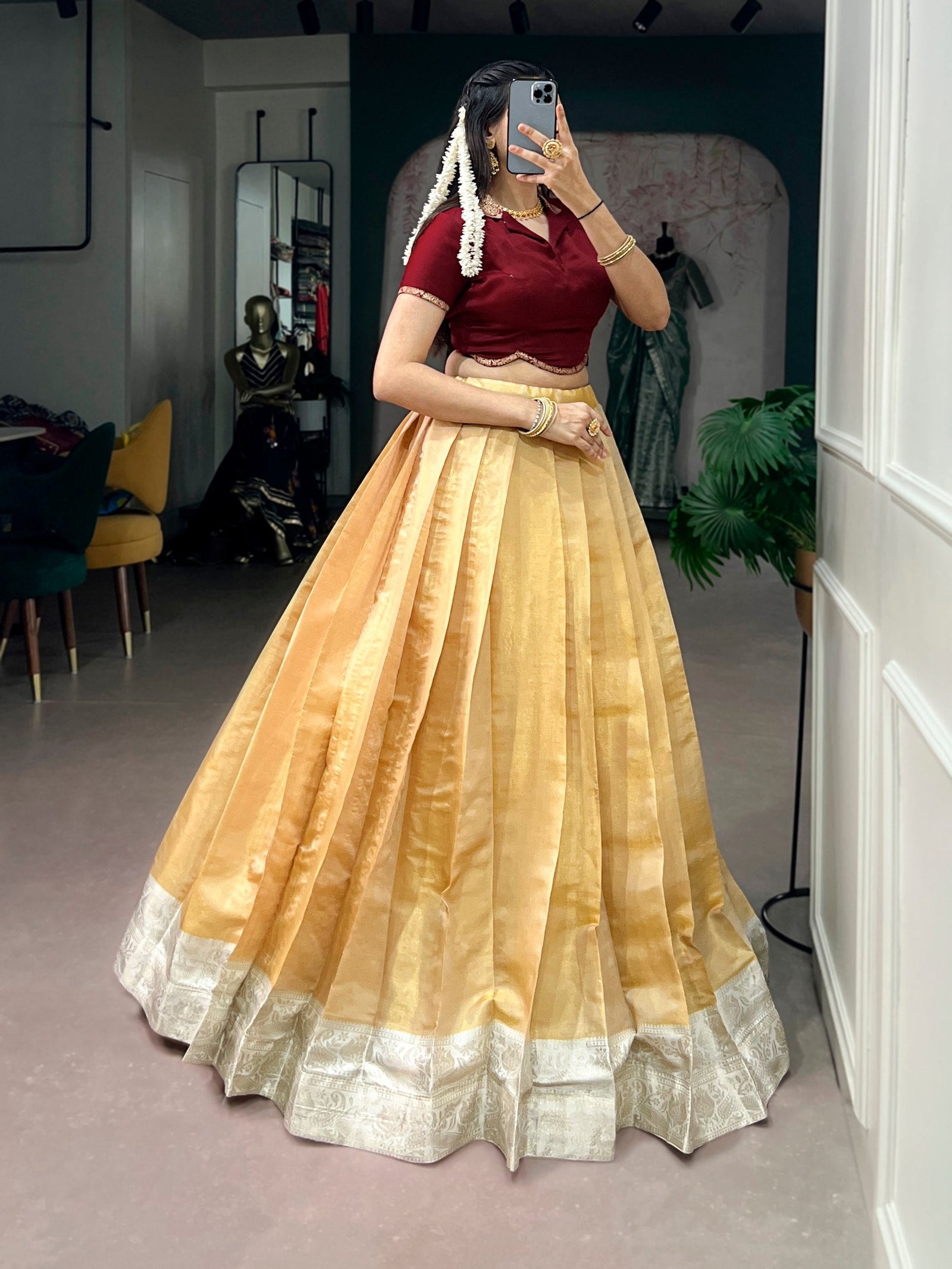 Cream Ethnic Kanchipuram Lehenga Set ClothsVilla