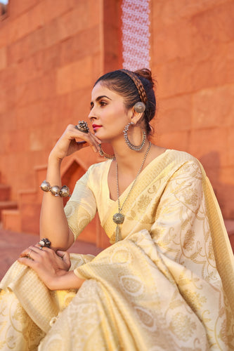 Cream Exquisite Litchi Silk Banarasi Saree with Zari Woven Design ClothsVilla