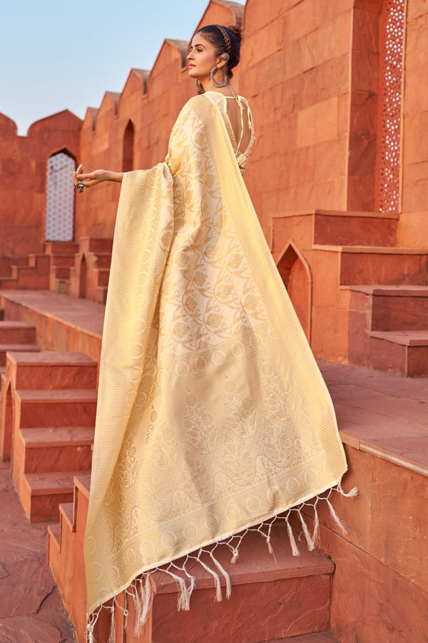 Cream Exquisite Litchi Silk Banarasi Saree with Zari Woven Design ClothsVilla