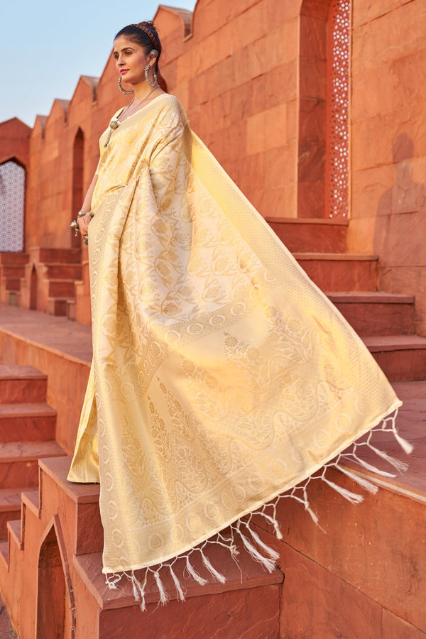 Cream Exquisite Litchi Silk Banarasi Saree with Zari Woven Design ClothsVilla