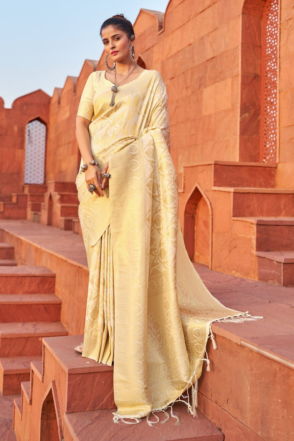 Cream Exquisite Litchi Silk Banarasi Saree with Zari Woven Design ClothsVilla