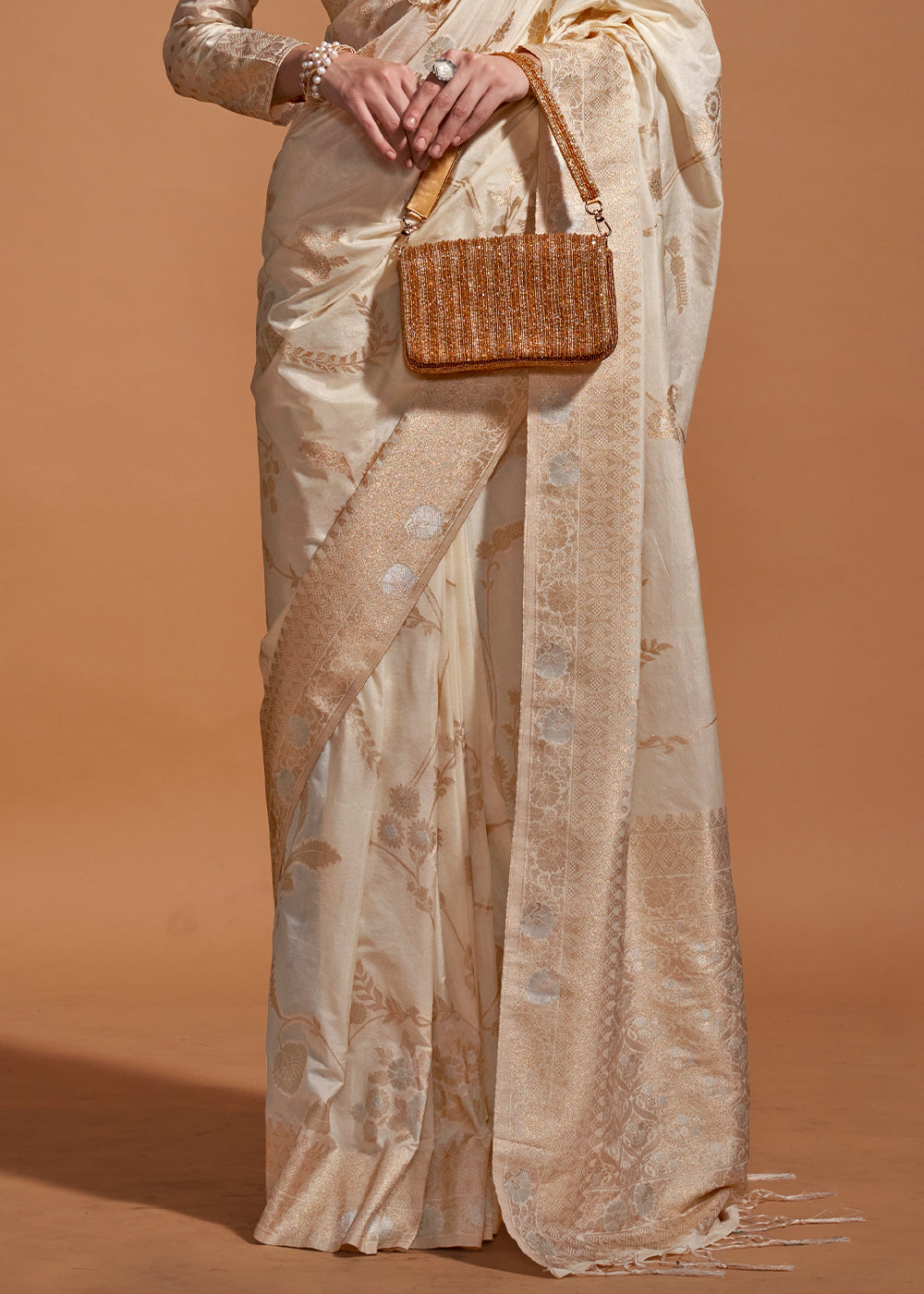 Cream Fairytale Banarasi Georgette Silk Saree with Brocade Blouse – Summer Glam Edition ClothsVilla