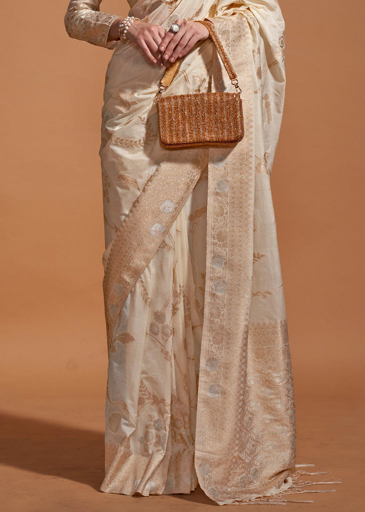 Cream Fairytale Banarasi Georgette Silk Saree with Brocade Blouse – Summer Glam Edition ClothsVilla