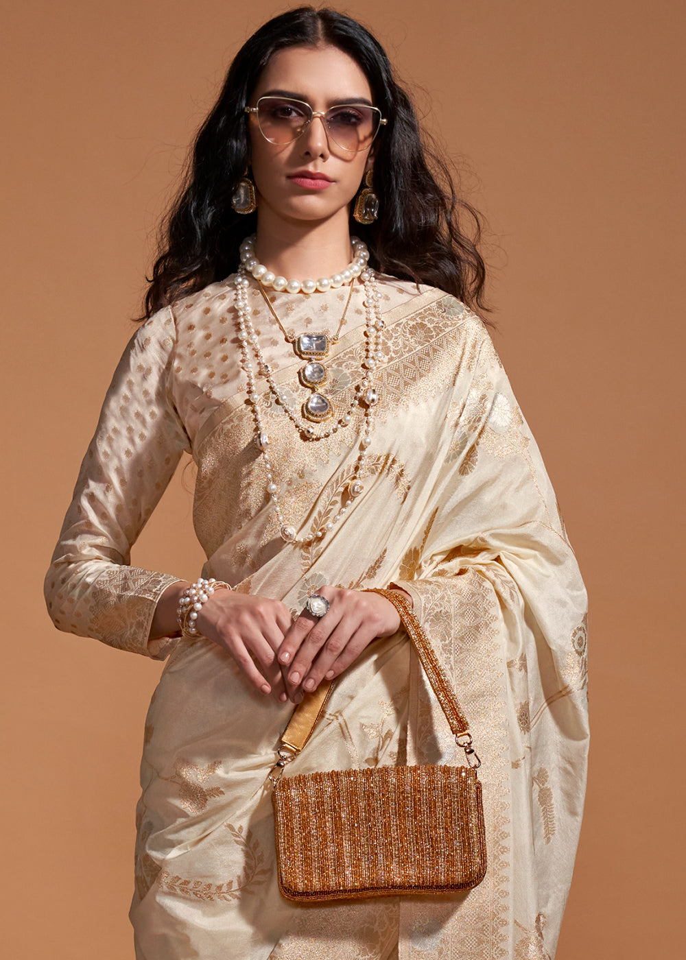 Cream Fairytale Banarasi Georgette Silk Saree with Brocade Blouse – Summer Glam Edition Secondary image