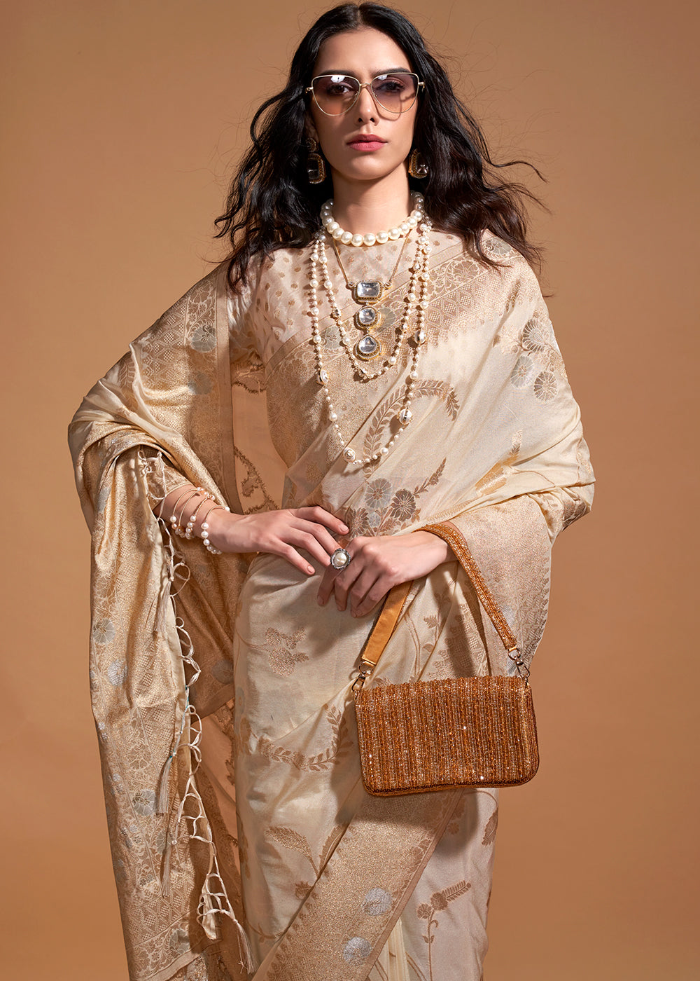 Cream Fairytale Banarasi Georgette Silk Saree with Brocade Blouse – Summer Glam Edition ClothsVilla