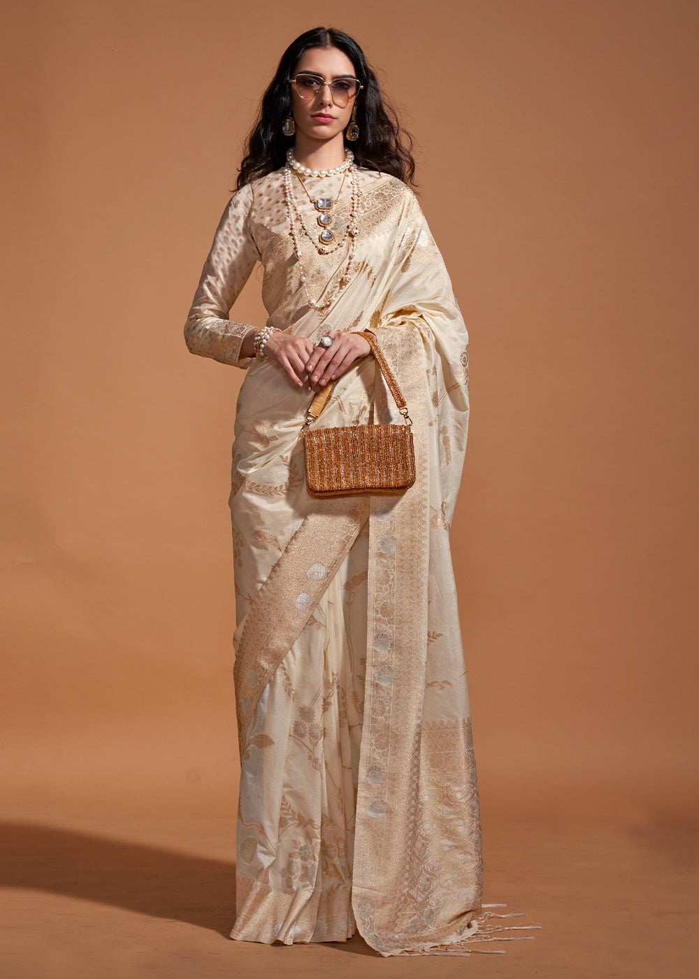 Cream Fairytale Banarasi Georgette Silk Saree with Brocade Blouse – Summer Glam Edition ClothsVilla