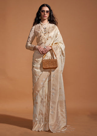 Cream Fairytale Banarasi Georgette Silk Saree with Brocade Blouse – Summer Glam Edition ClothsVilla