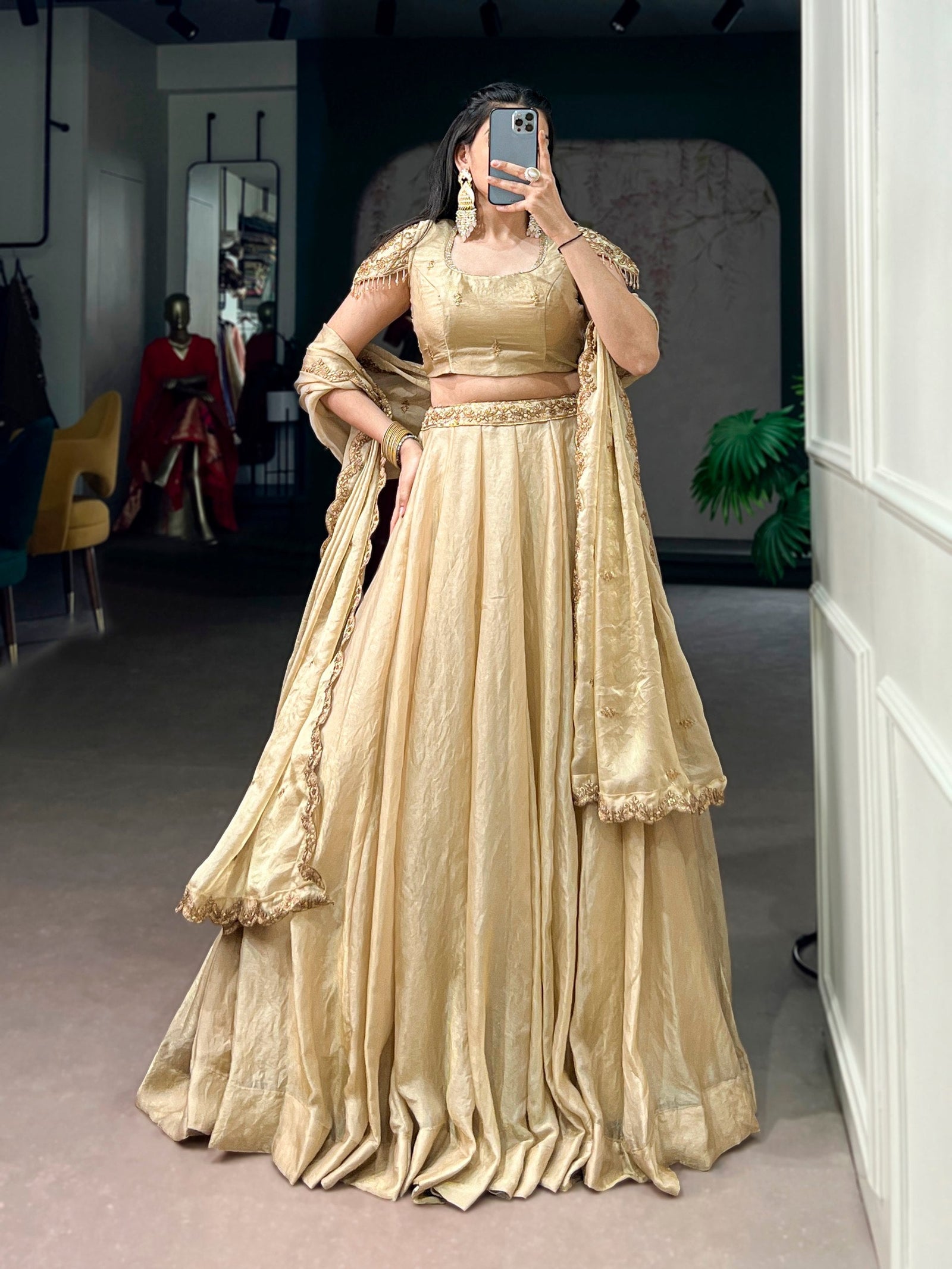Cream Fendi Sequins Embroidered Lehenga Set ClothsVilla