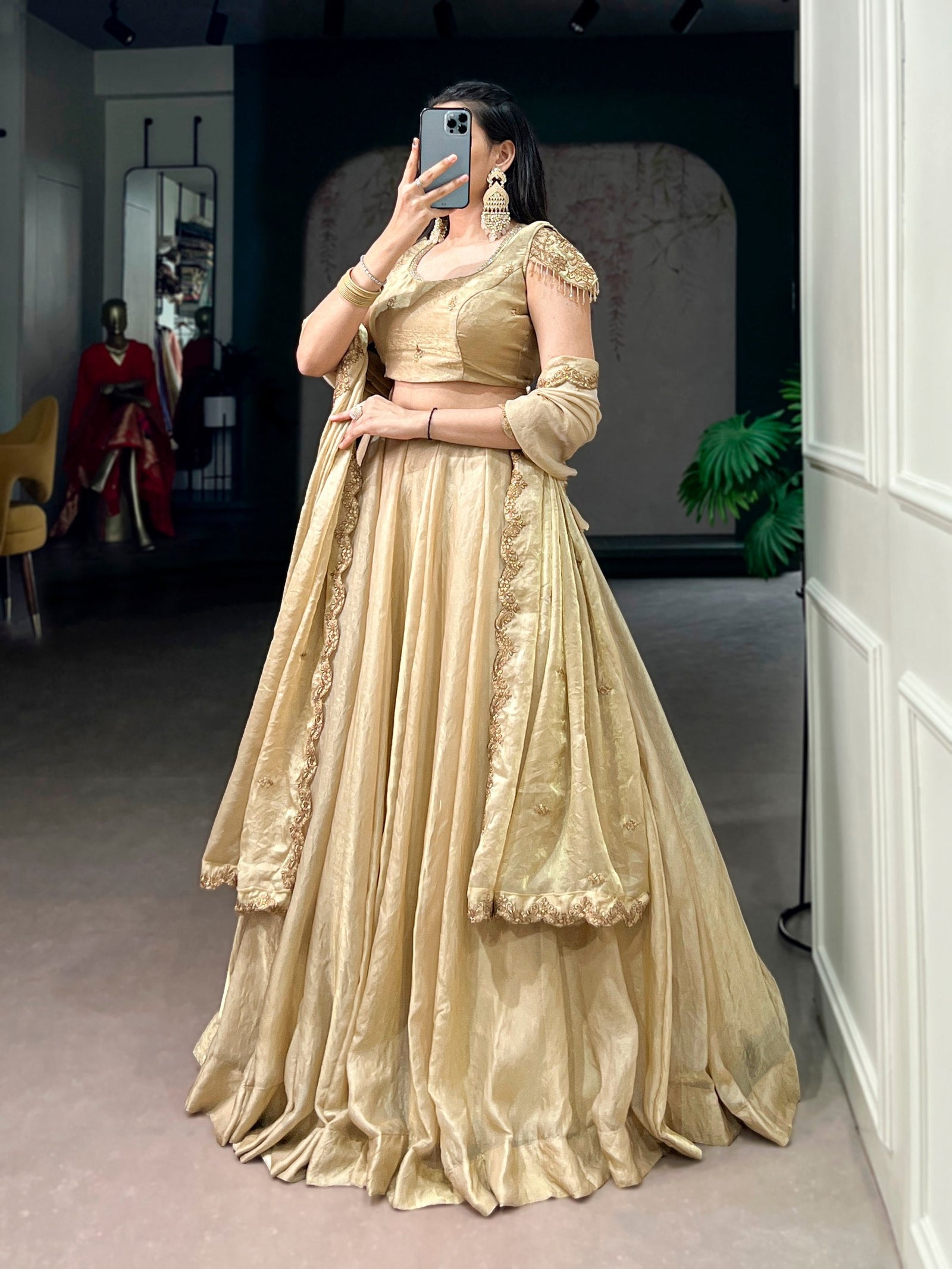 Cream Fendi Sequins Embroidered Lehenga Set ClothsVilla