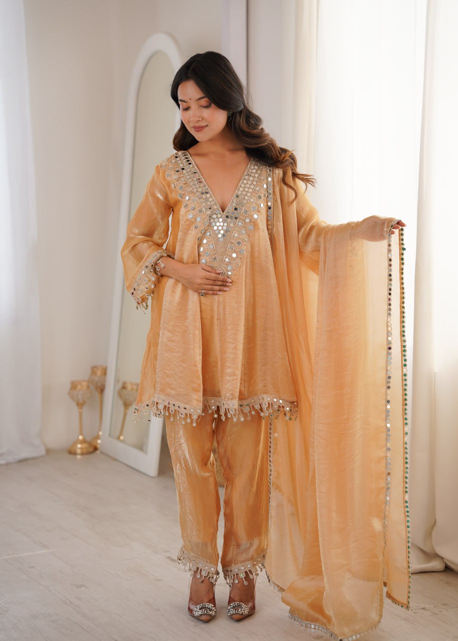 Cream Fendy Mirror Work Kurti Pant Set ClothsVilla