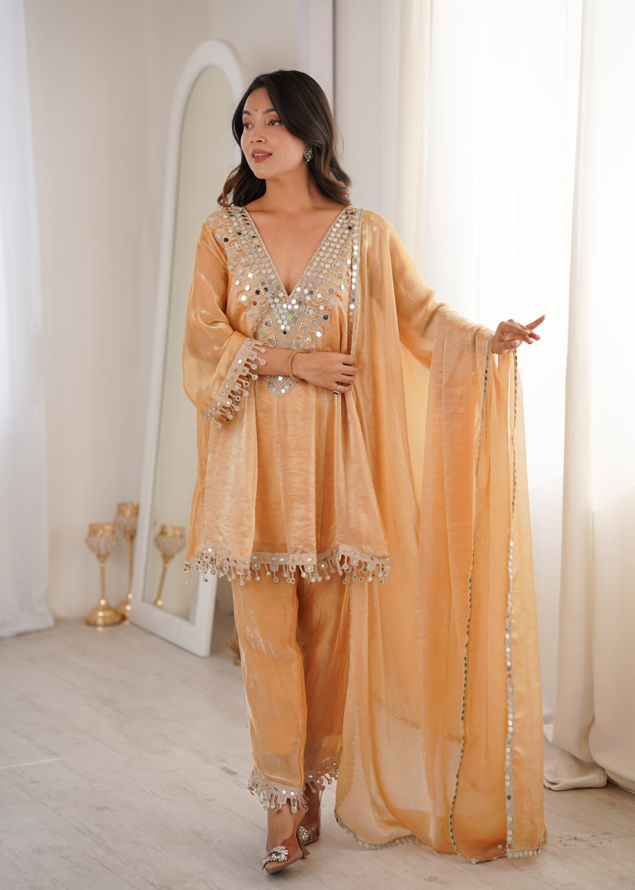 Cream Fendy Mirror Work Kurti Pant Set ClothsVilla Main image