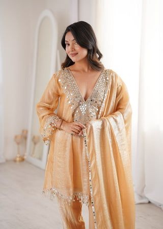Cream Fendy Mirror Work Kurti Pant Set ClothsVilla