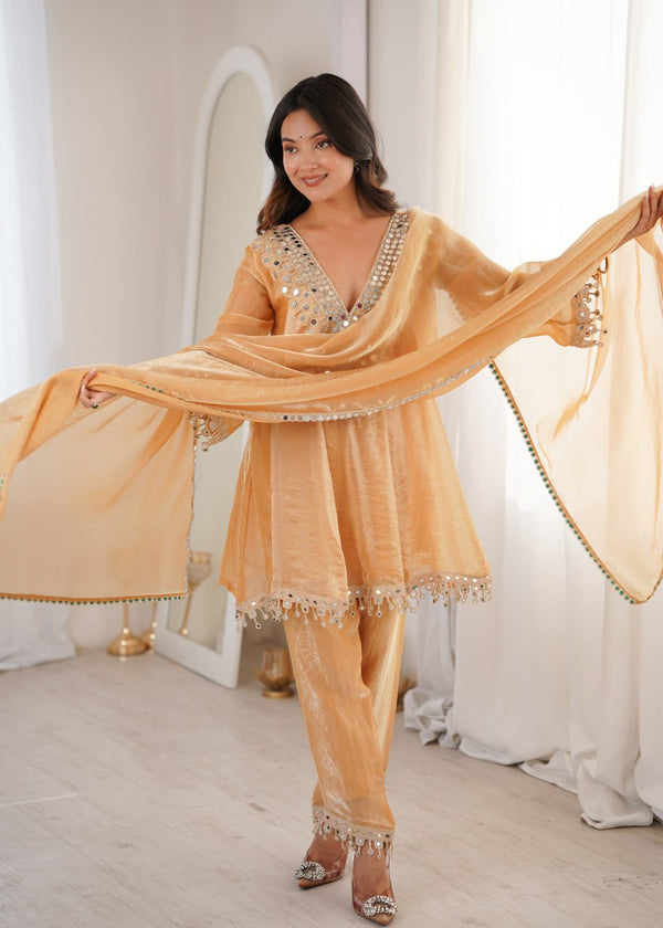 Cream Fendy Mirror Work Kurti Pant Set ClothsVilla