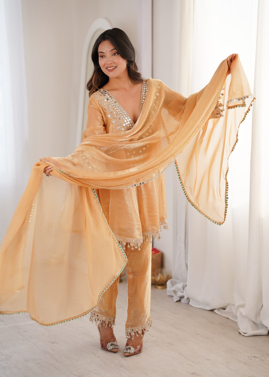 Cream Fendy Mirror Work Kurti Pant Set ClothsVilla