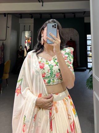 Cream Floral Georgette Lehenga Choli with Lace Border ClothsVilla