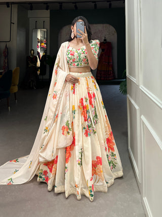 Cream Floral Georgette Lehenga Choli with Lace Border ClothsVilla