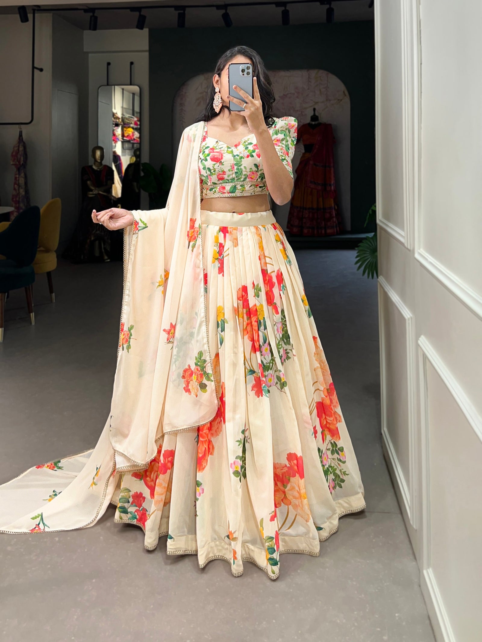 Cream Floral Georgette Lehenga Choli with Lace Border ClothsVilla