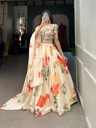 Cream Floral Georgette Lehenga Choli with Lace Border ClothsVilla