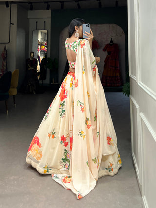 Cream Floral Georgette Lehenga Choli with Lace Border ClothsVilla