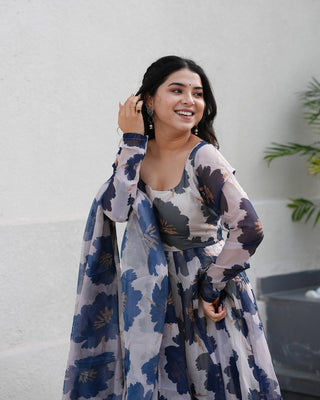 Cream Floral Print Tabby Organza Anarkali Suit Set – 3-Piece Elegant Ensemble with Dupatta ClothsVilla