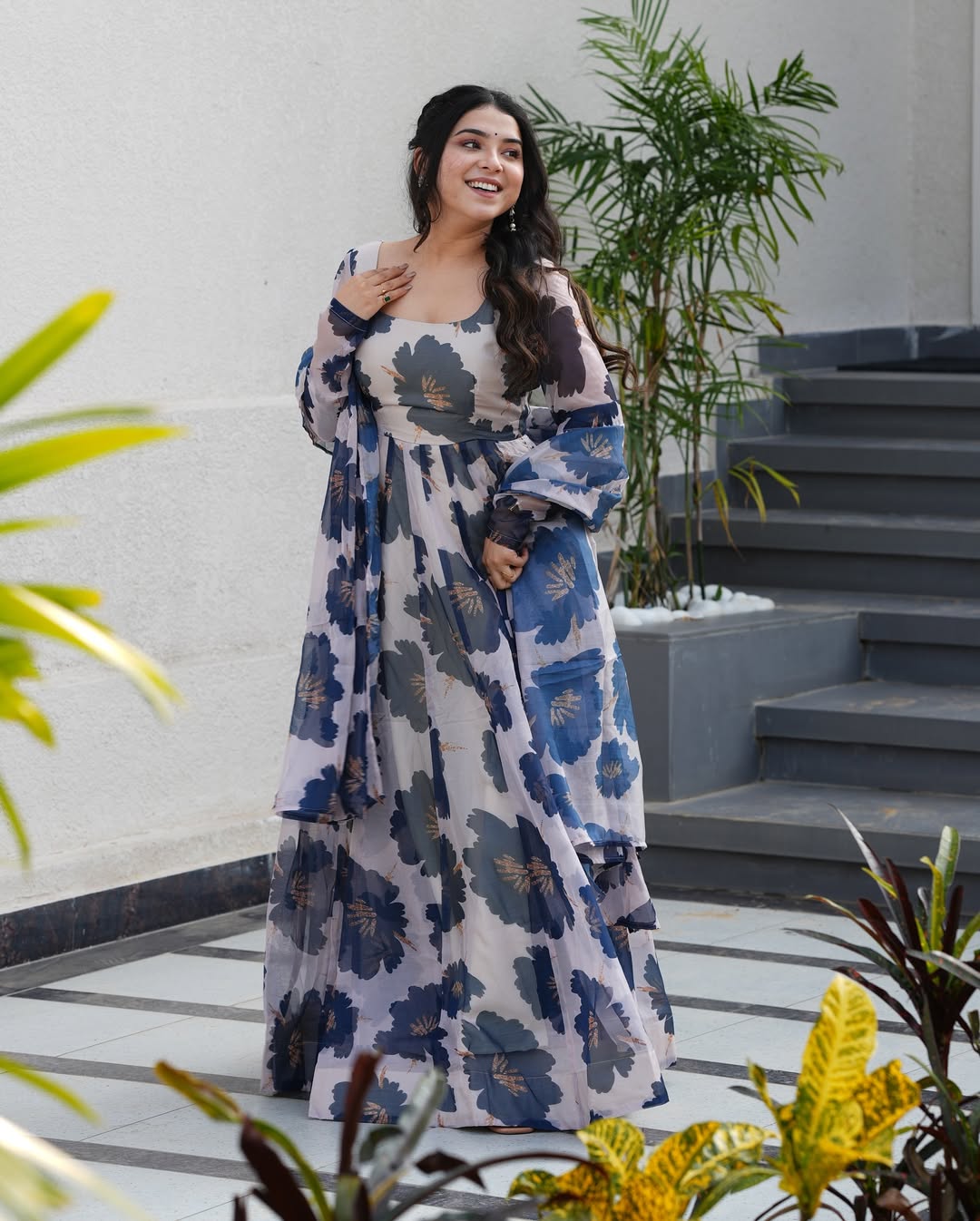Cream Floral Print Tabby Organza Anarkali Suit Set – 3-Piece Elegant Ensemble with Dupatta ClothsVilla Main image