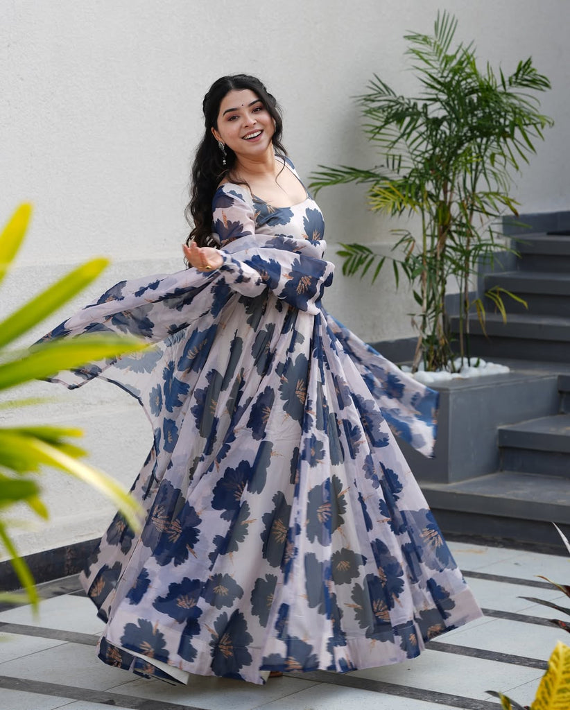 Cream Floral Print Tabby Organza Anarkali Suit Set – 3-Piece Elegant Ensemble with Dupatta ClothsVilla