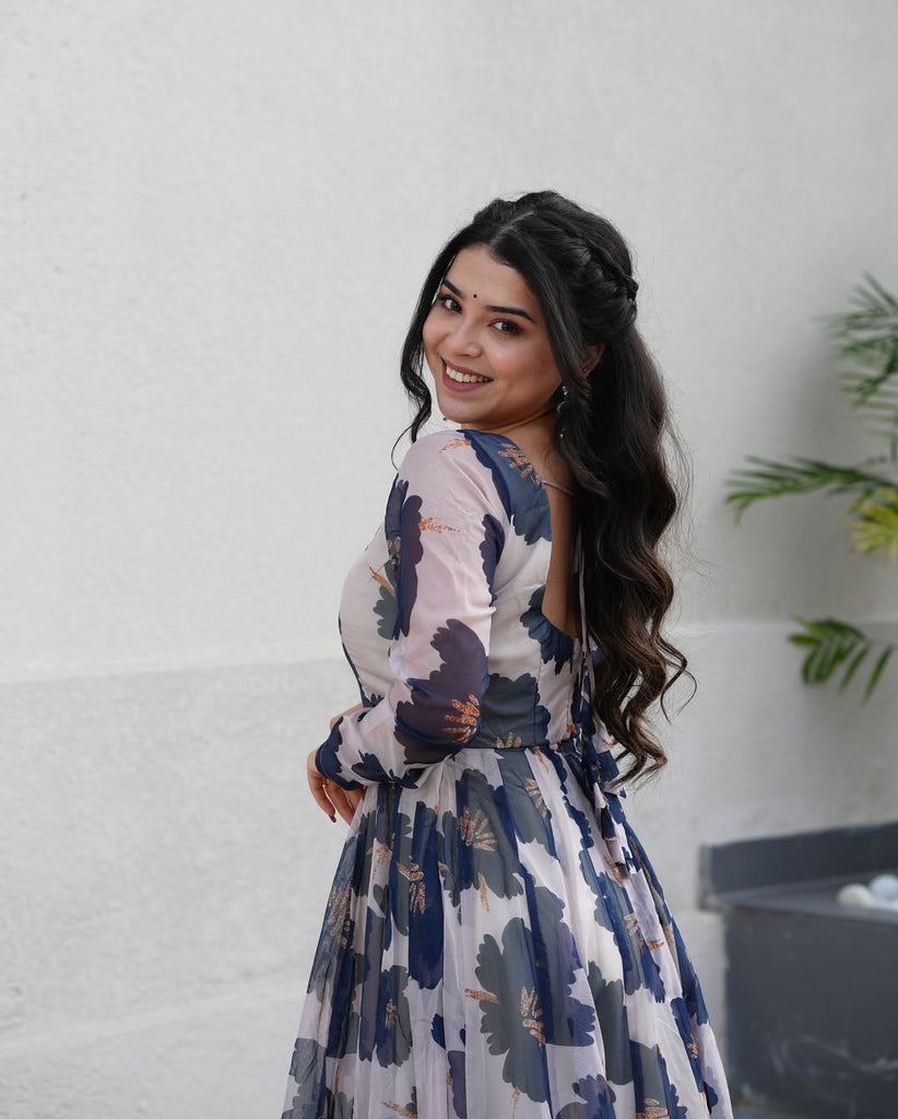 Cream Floral Print Tabby Organza Anarkali Suit Set – 3-Piece Elegant Ensemble with Dupatta ClothsVilla