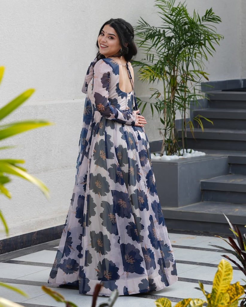 Cream Floral Print Tabby Organza Anarkali Suit Set – 3-Piece Elegant Ensemble with Dupatta ClothsVilla