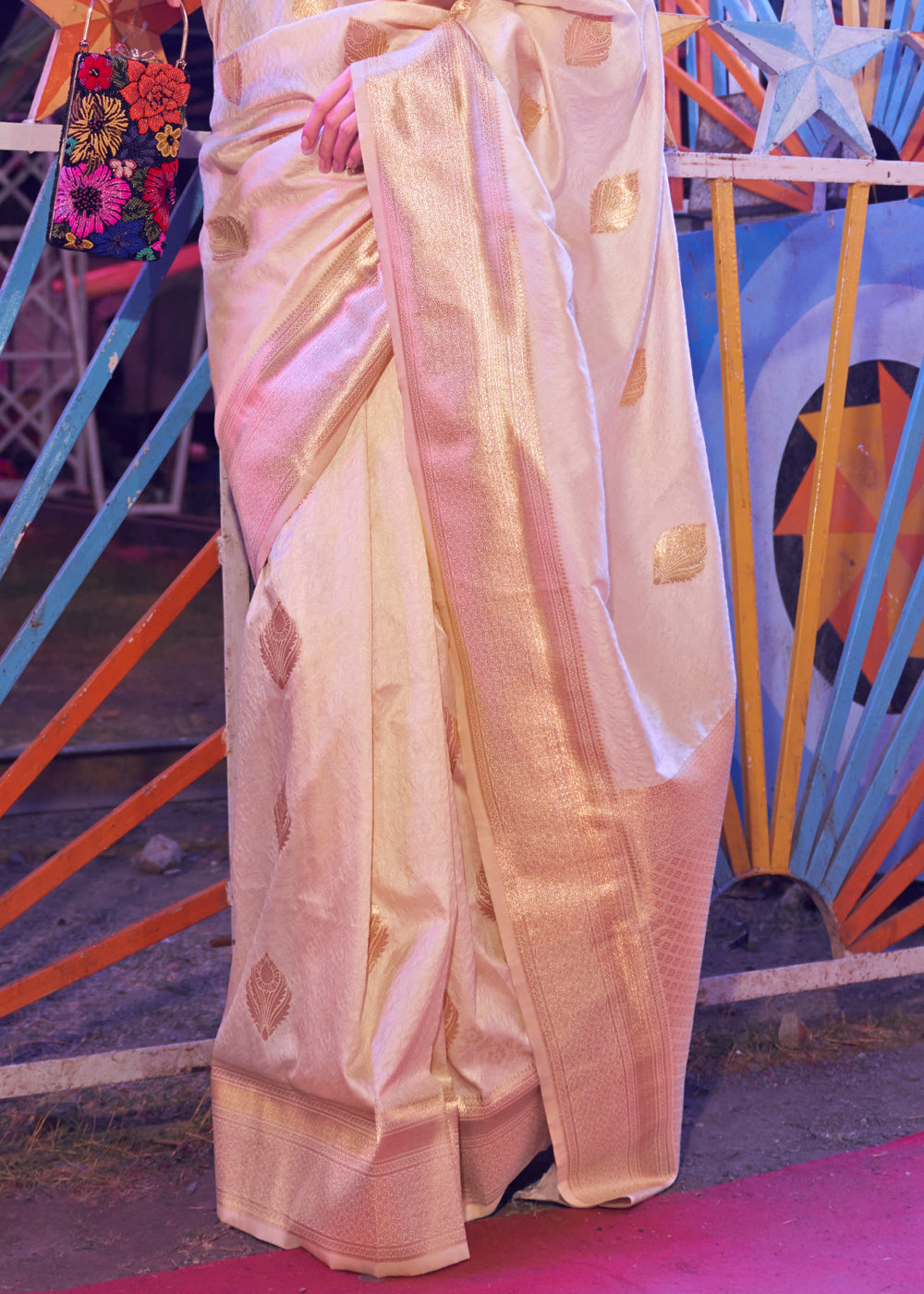 Cream Floral Printed Banarasi Silk Saree with Zari Woven Pallu ClothsVilla