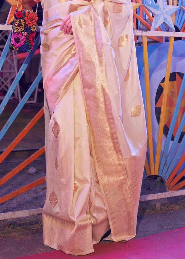 Cream Floral Printed Banarasi Silk Saree with Zari Woven Pallu ClothsVilla