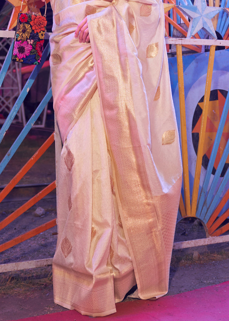 Cream Floral Printed Banarasi Silk Saree with Zari Woven Pallu ClothsVilla