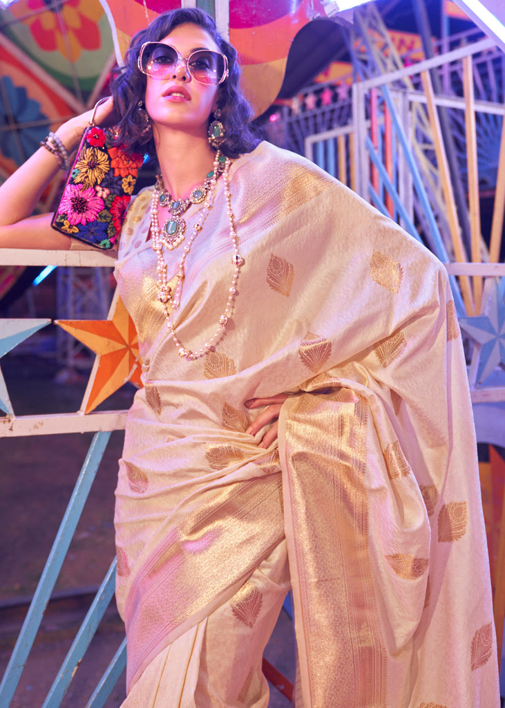 Cream Floral Printed Banarasi Silk Saree with Zari Woven Pallu ClothsVilla