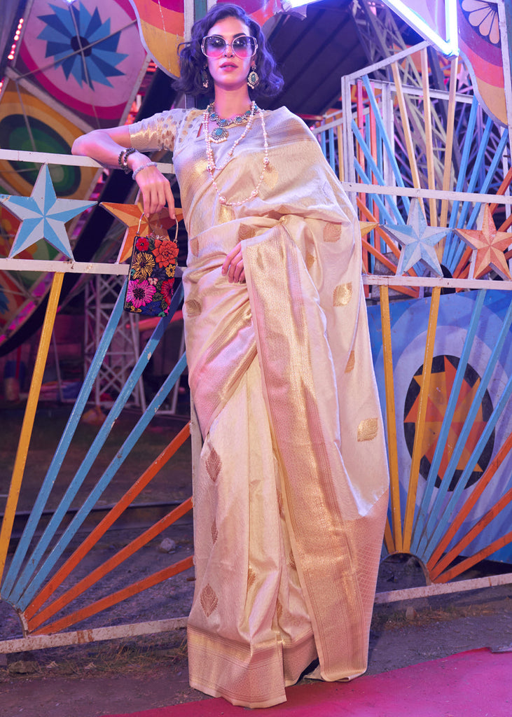 Cream Floral Printed Banarasi Silk Saree with Zari Woven Pallu ClothsVilla