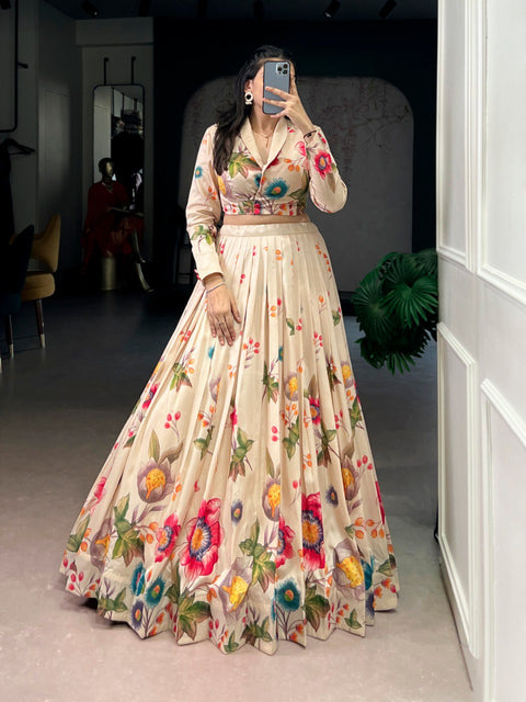 Cream Floral Printed Lehenga Choli ClothsVilla Main image