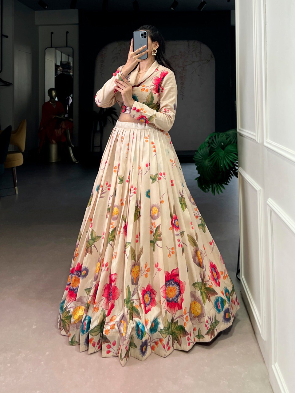 Cream Floral Printed Lehenga Choli ClothsVilla