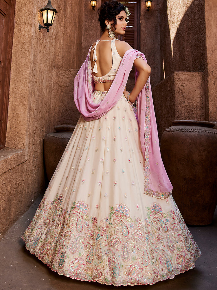 Cream Georgette Sequins embroidery Semi-Stitched Lehenga choli & Dupatta ClothsVilla