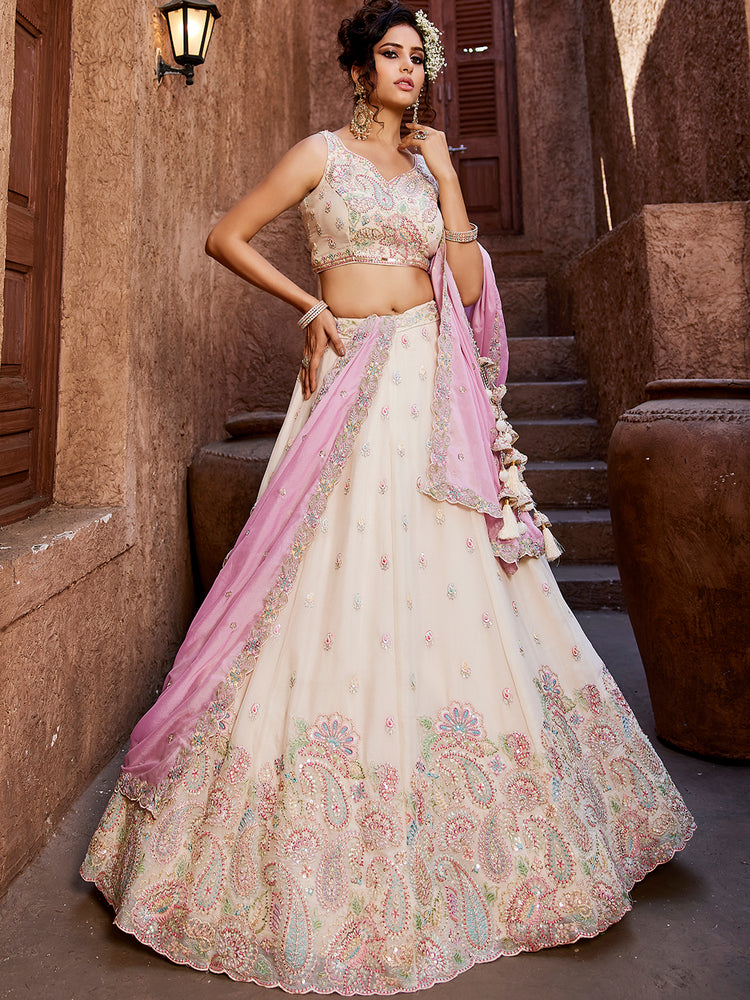 Cream Georgette Sequins embroidery Semi-Stitched Lehenga choli & Dupatta ClothsVilla