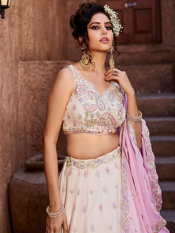 Cream Georgette Sequins embroidery Semi-Stitched Lehenga choli & Dupatta ClothsVilla