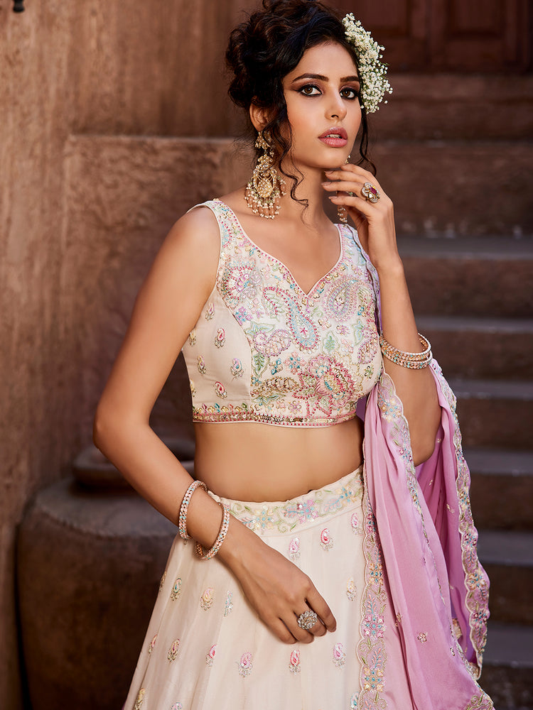 Cream Georgette Sequins embroidery Semi-Stitched Lehenga choli & Dupatta ClothsVilla