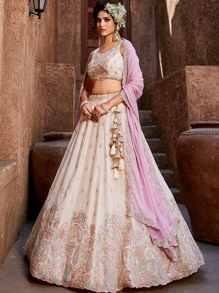 Cream Georgette Sequins embroidery Semi-Stitched Lehenga choli & Dupatta ClothsVilla