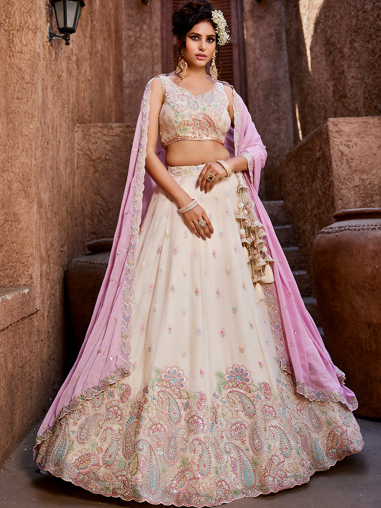 Cream Georgette Sequins embroidery Semi-Stitched Lehenga choli & Dupatta ClothsVilla