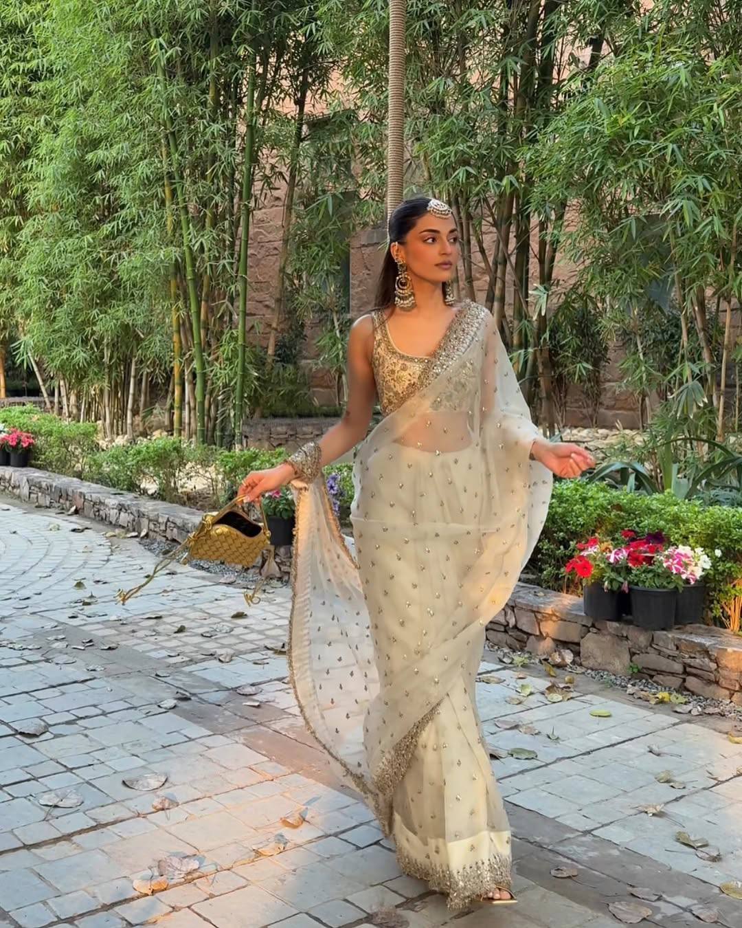 Cream Glass Satin Silk Saree ClothsVilla
