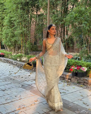 Cream Glass Satin Silk Saree ClothsVilla
